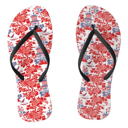Vintage Chinoiserie Delft French red Blue Flip Flops
