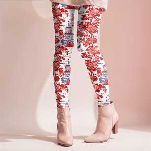 Vintage Chinoiserie Delft French red Blue Leggings