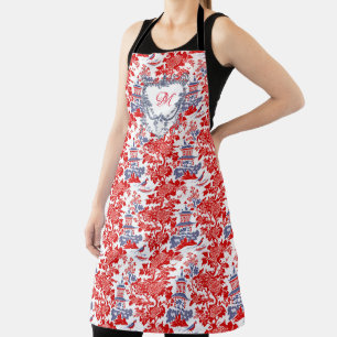 Vintage Chinoiserie Delft French red Blue monogram Apron