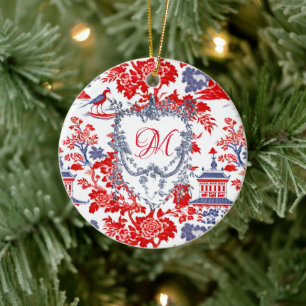 Vintage Chinoiserie Delft French red Blue monogram Ceramic Ornament
