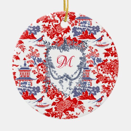 Vintage Chinoiserie Delft French red Blue monogram Ceramic Ornament