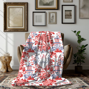 Vintage Chinoiserie Delft French red Blue monogram Fleece Blanket