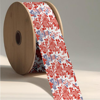 Vintage Chinoiserie Delft French red Blue monogram Grosgrain Ribbon