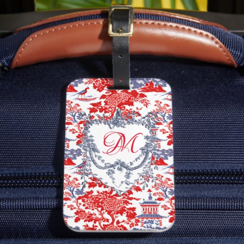Vintage Chinoiserie Delft French red Blue monogram Luggage Tag