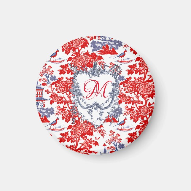 Vintage Chinoiserie Delft French red Blue monogram Magnet (Front)