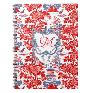 Vintage Chinoiserie Delft French red Blue monogram Notebook