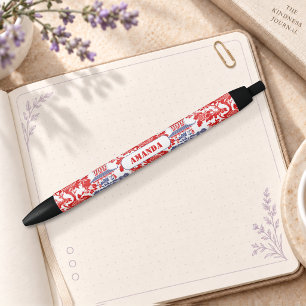 Vintage Chinoiserie Delft French red Blue monogram Pen
