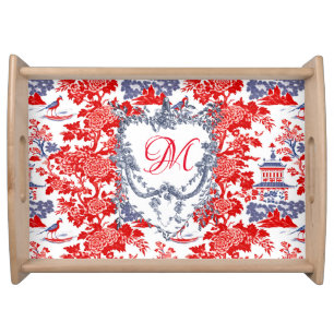 Vintage Chinoiserie Delft French red Blue monogram Serving Tray