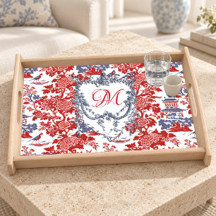 Vintage Chinoiserie Delft French red Blue monogram Serving Tray