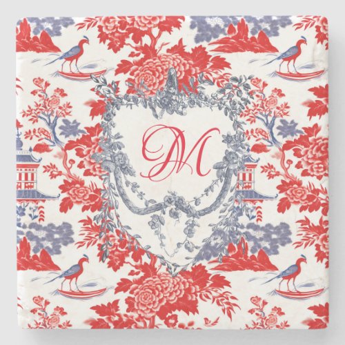 Vintage Chinoiserie Delft French red Blue monogram Stone Coaster