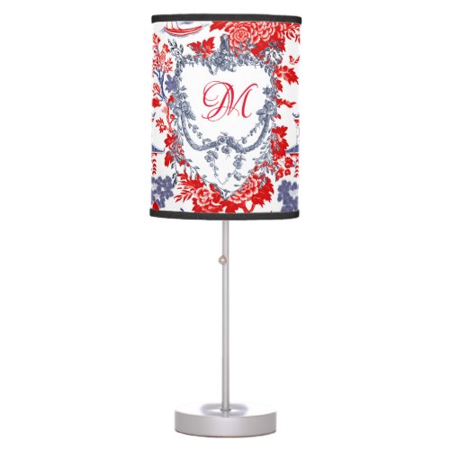 Vintage Chinoiserie Delft French red Blue monogram Table Lamp