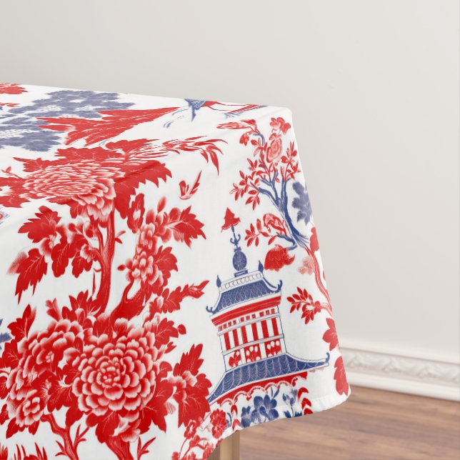 Vintage Chinoiserie Delft French red Blue monogram Tablecloth (In Situ)