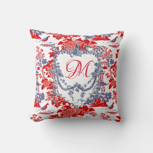 Vintage Chinoiserie Delft French red Blue monogram Throw Pillow