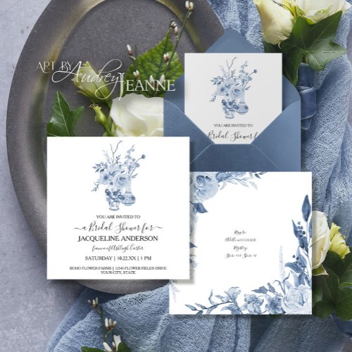Vintage Chinoiserie Floral Blue Bridal Shower Invitation
