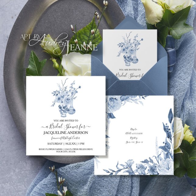Vintage Chinoiserie Floral Blue Bridal Shower Invitation (Creator Uploaded)