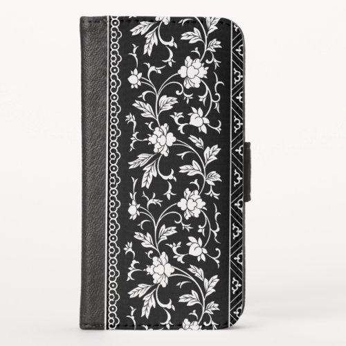 Vintage Chinoiserie Floral Scroll Black and White iPhone X Wallet Case