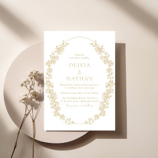 Vintage Chinoiserie Gold Floral Wreath Wedding Invitation