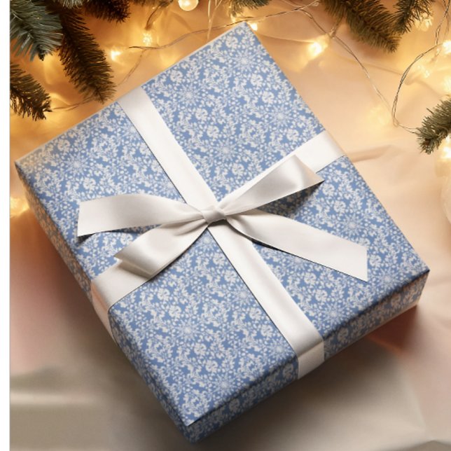 Vintage Chinoiserie Holiday Blue White Snowflakes Wrapping Paper (Frosty tiny white snowflakes on blue background!)
