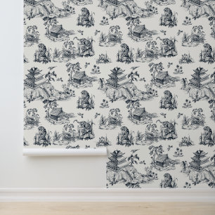 Vintage Chinoiserie Leopard Pagoda Cream & Black Wallpaper