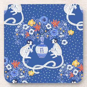 Vintage Chinoiserie Monkey and Flower Throw Pillow Beverage Coaster