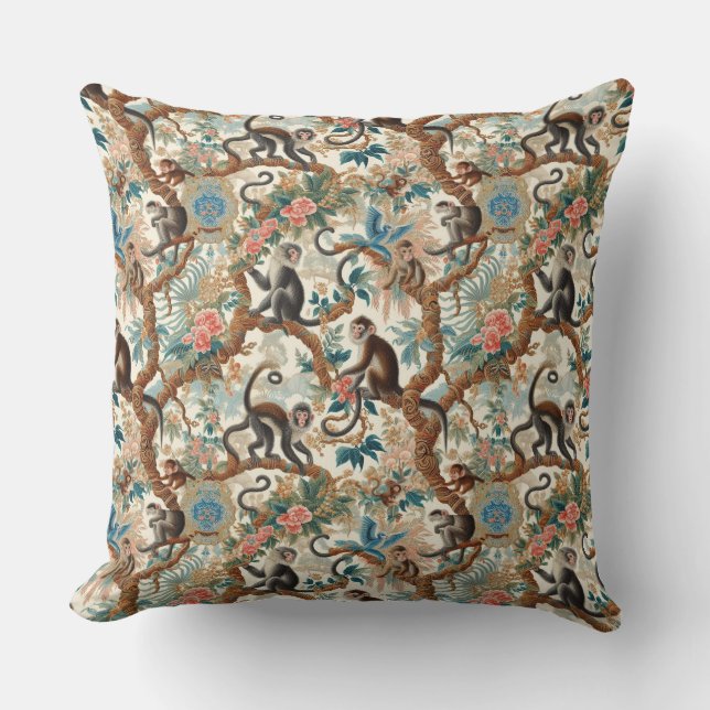 Vintage Chinoiserie Monkey Throw Pillow (Front)