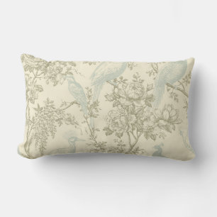 Vintage Chinoiserie Peacock Aviary Floral Pattern Lumbar Pillow