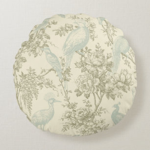 Vintage Chinoiserie Peacock Aviary Floral Pattern Round Pillow