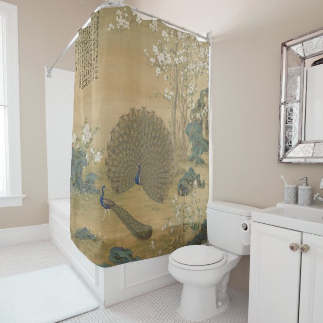 Vintage Chinoiserie Peacock Garden Fine Art Shower Curtain (In Situ)