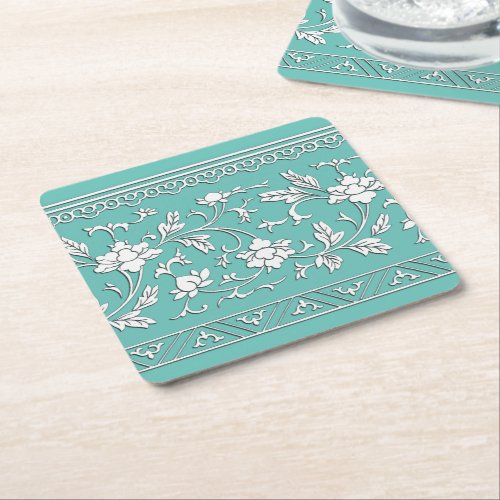 Vintage Chinoiserie Teal Floral Paper Coaster