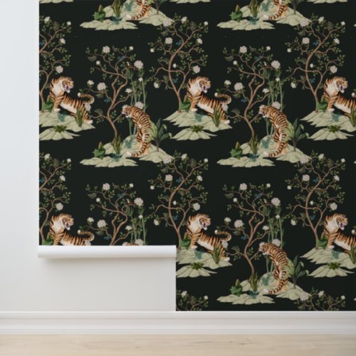 Vintage Chinoiserie Tiger PeoniesTrees Black  Wallpaper