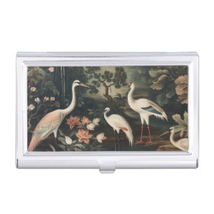 Vintage Chinoiserie White Crane Botanical Garden  Business Card Case