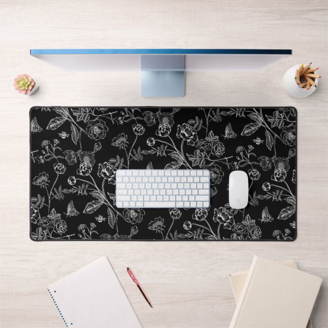 Vintage Chinoiserie White Floral Pattern Desk Mat (Office 1)