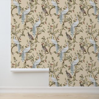 Vintage Chinoiserie White Peacock Peony Almond