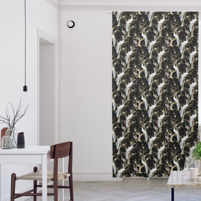 Vintage Chinoiserie White Peacock Peony Black Blackout Curtains (Living Room)