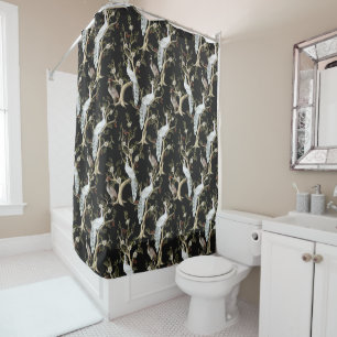 Vintage Chinoiserie White Peacock Peony Black Shower Curtain
