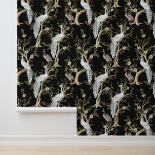 Vintage Chinoiserie White Peacock Peony Black Wallpaper