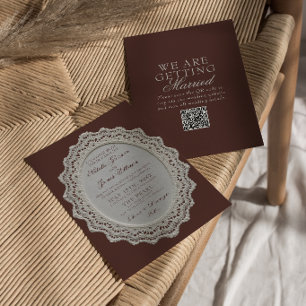 Vintage Chocolate Brown Lace Doily QR Code Wedding Invitation