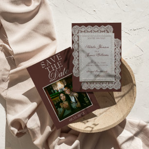 Vintage Chocolate Brown Lace Photo Fancy Wedding Save The Date