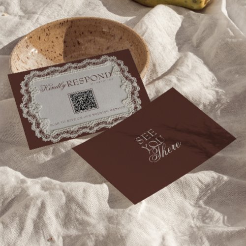 Vintage Chocolate Brown Lace Retro QR Code Wedding RSVP Card