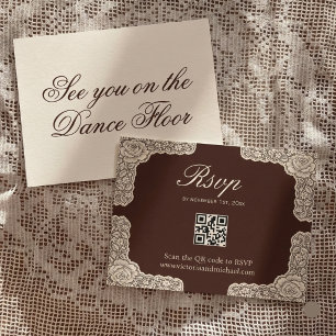 Vintage Chocolate Brown Lace Rose Border Wedding RSVP Card