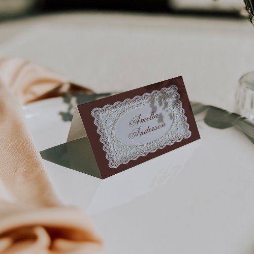 Vintage Chocolate Brown Lace Wedding Place Cards