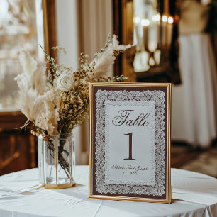 Vintage Chocolate Brown Lace Wedding Table Number