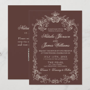 Vintage Chocolate Brown Old Money QR Code Wedding Invitation