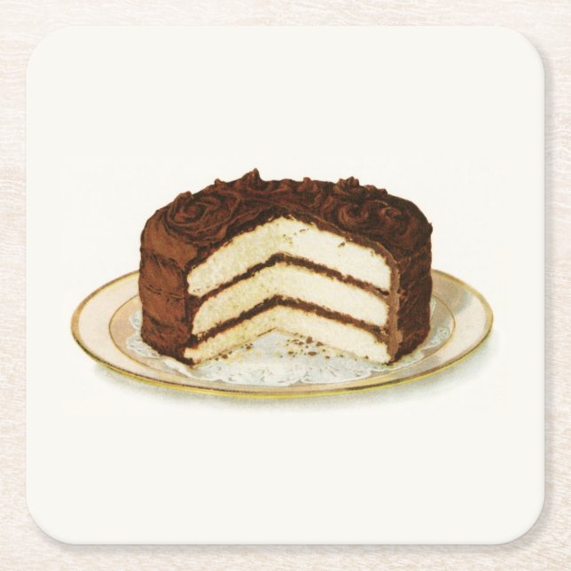 Vintage Chocolate Iced Layer Cake Square Paper Coaster (Front)