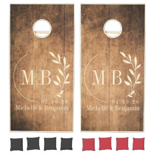 Vintage Chopping Block Leaf Wedding Monogram Cornhole Set