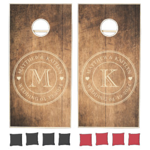 Vintage Chopping Block Wedding Monogram Heart Cornhole Set