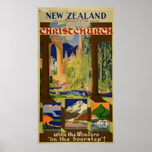 Vintage Christchurch New Zealand Travel Poster