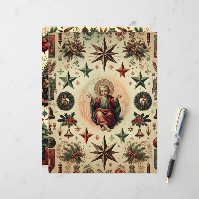 Vintage Christian Christmas Scrapbook Paper (Front/Back In Situ)