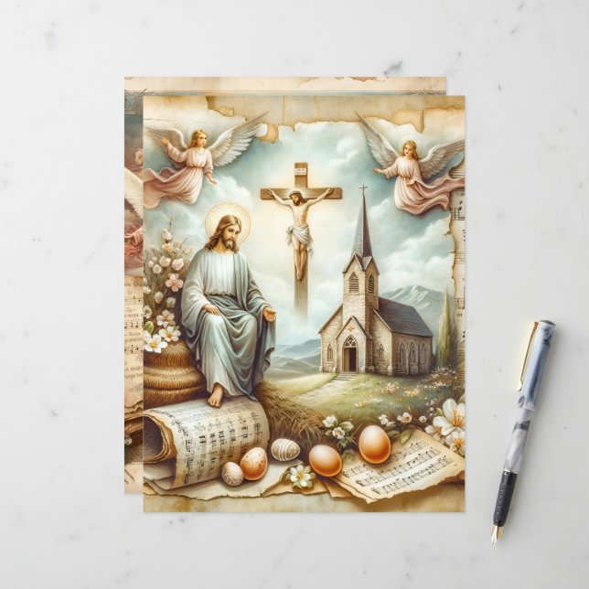Vintage Christian Easter Scrapbook Paper (Front/Back In Situ)