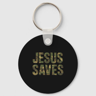 Vintage Christian Faith Quote Jesus Saves Camo Keychain